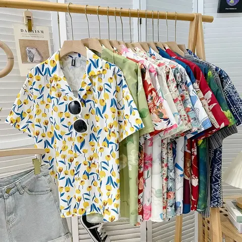 여름 빈티지 루즈 블라우스 셔츠 여성 의류 Blusas 캐주얼 여성용 탑 티 y2k 비치 반소매 셔츠 여성 streetwear