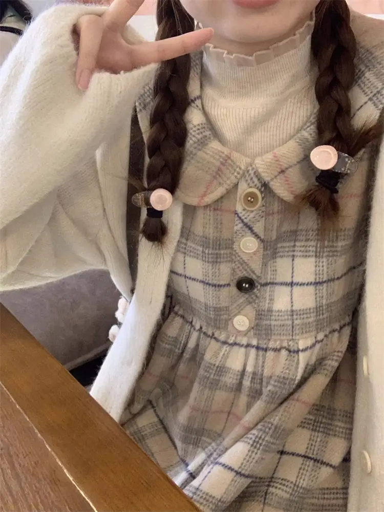 

Японское кавайное клетчатое цельное платье, женское милое платье средней длины, женское элегантное платье в Корейском стиле на бретелях, зима 2023