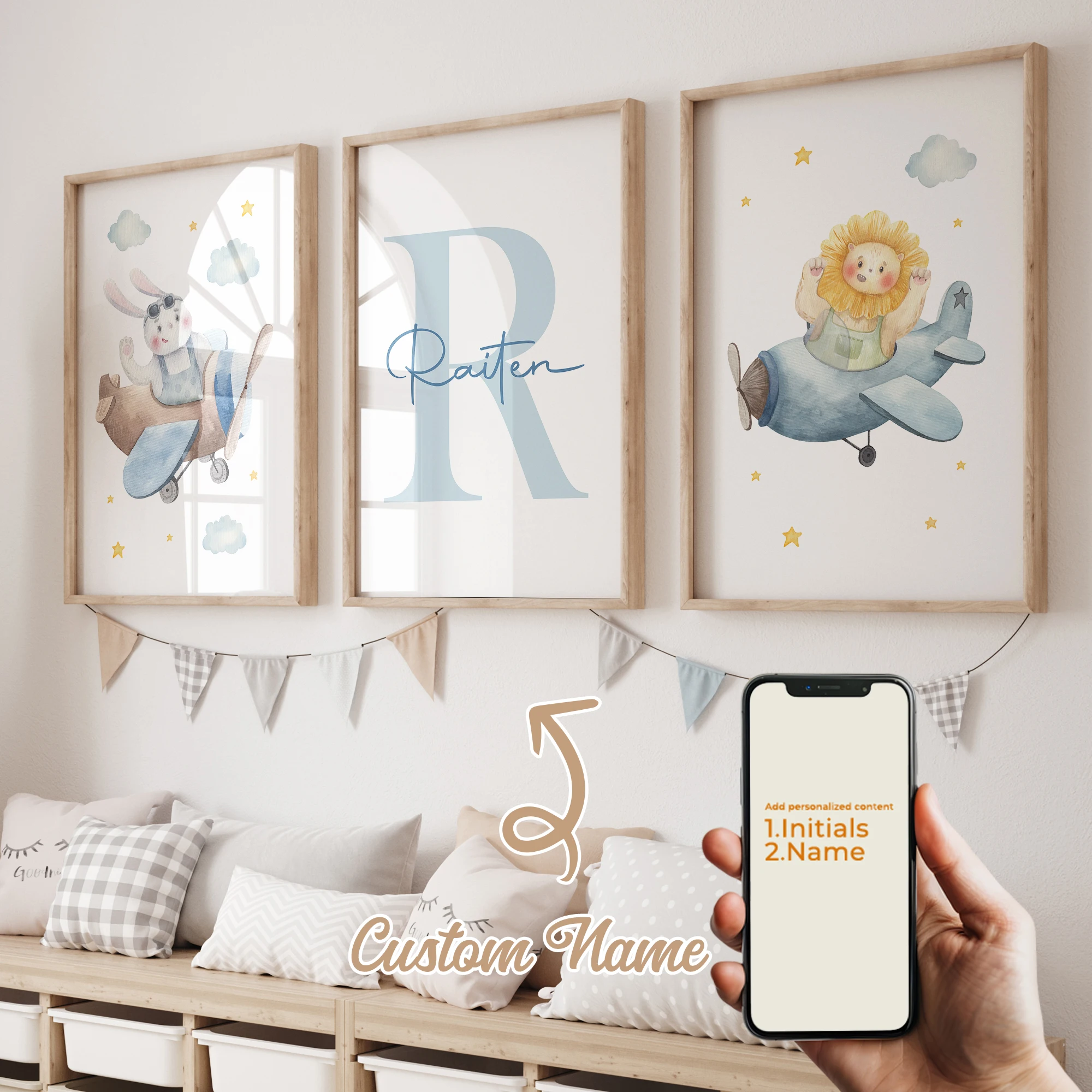 

3pcs Personalized Name Custom Cute Rabbit Sunflower Airplane Sky Wall Art Print Picture Living Room Kids Room Home Decor