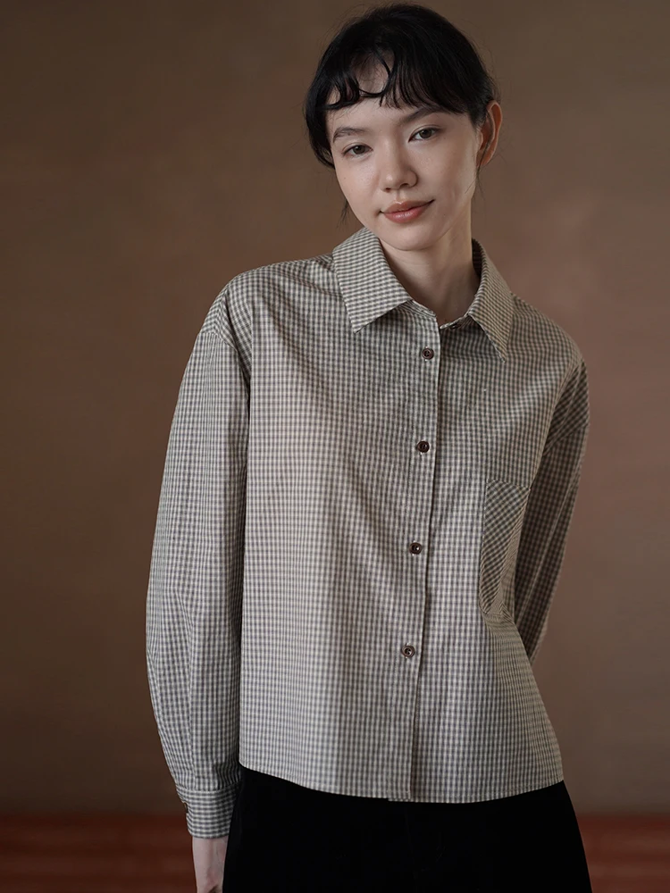 

Hacikis Miss Engli Retro Plaid Collar Loose Long Sve irt 00 Cotton Layered ort Slimming Top for Women