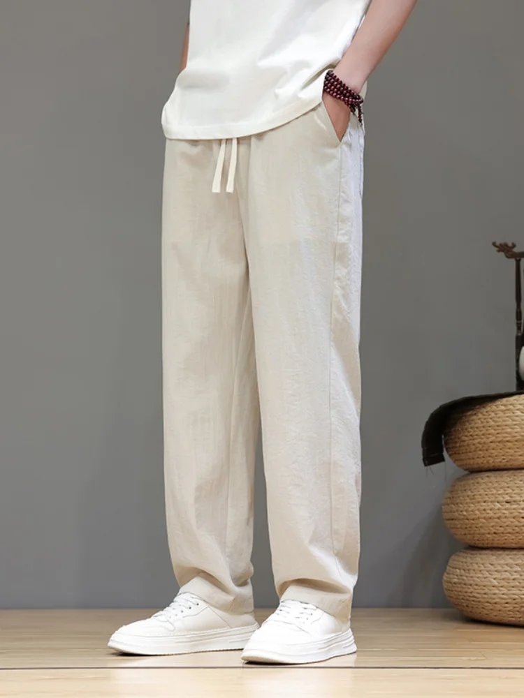 

Мужские повседневные брюки из льняной ткани с эффектом охлаждения, тонкие, прямого кроя, из хлопка и льна, укороченные (до щиколотки), свободного кроя, летние, модные, городские, стильные