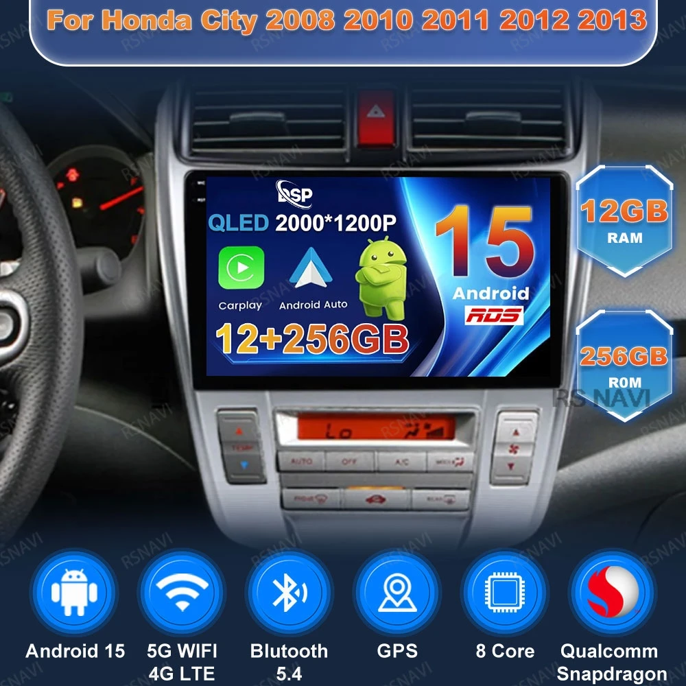 

Автомобильное радио Android 15 для Honda City 2008 2010 2011 2012 2013, GPS, мультимедийная навигация, стерео QLED 4G LTE, головное устройство DSP