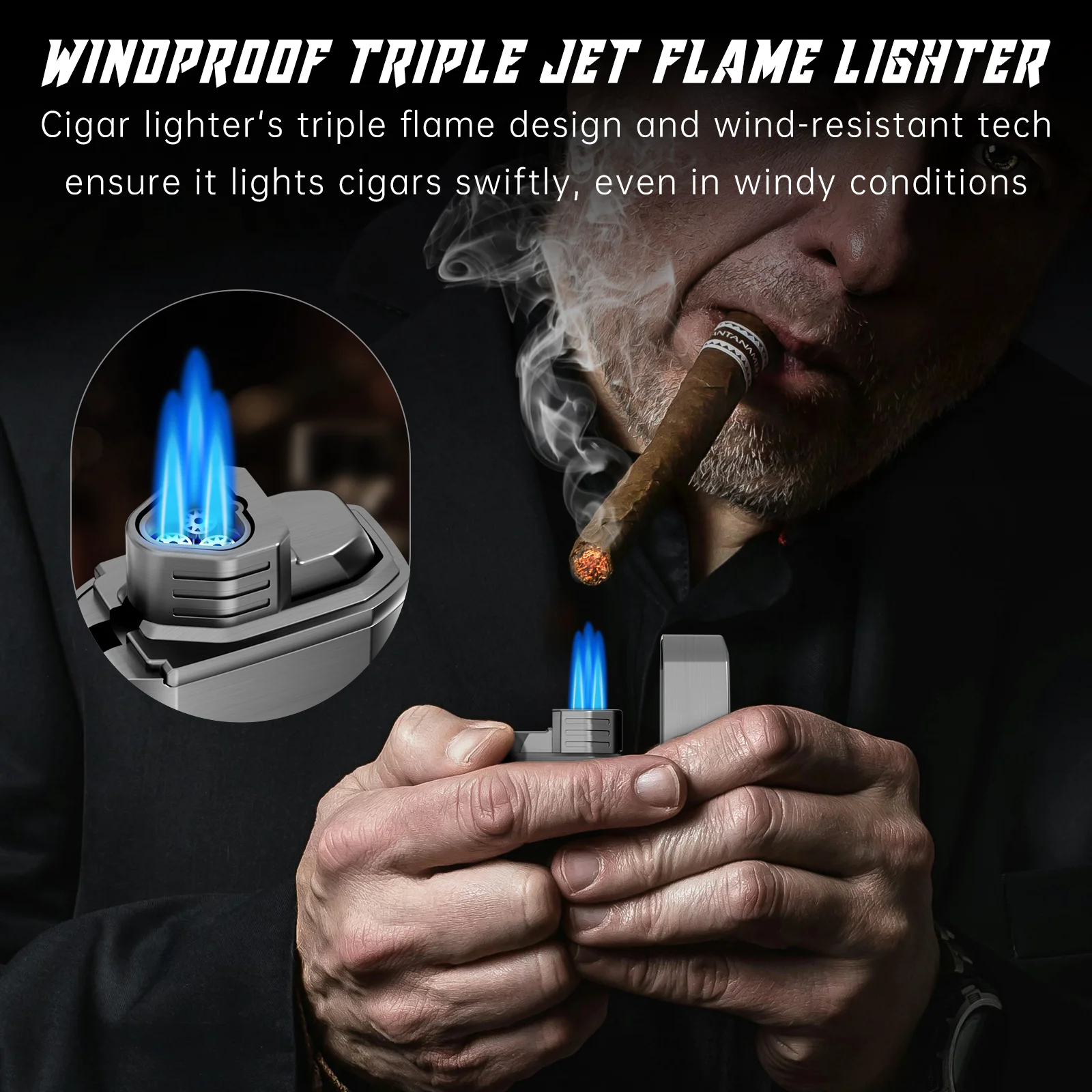 Cigar Lighter,Multi-Function Torch Lighter Built-in Cigar Holder&One-Touch Cutter V Cut, 3 Jet Flame Butane Lighters Accessories