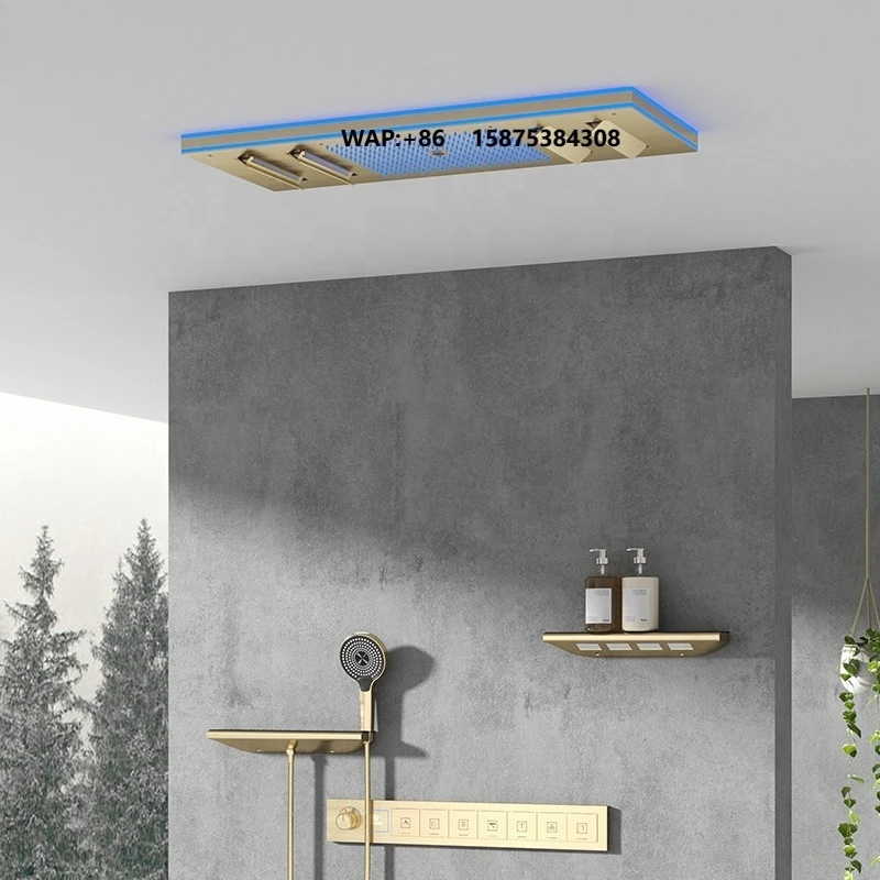 New Design Brushed Gold LED Music Shower Head 7 Functions In-Wall Mounted Waterfall Rainfall Thermostatic Bathroom Shower Set