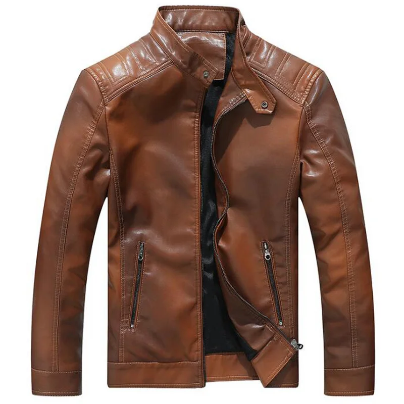 Fleece Leather Jacket Gradient Color Stand Collar PU Coat Mens Casual Gothic Motorcycle Biker Punk Soft Faux Jackets