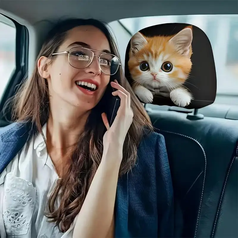 2 Piece Orange Cat Print Headrest Covers Soft Universal Fit Cute Car Seat Protector for Interior Accessories Decoration