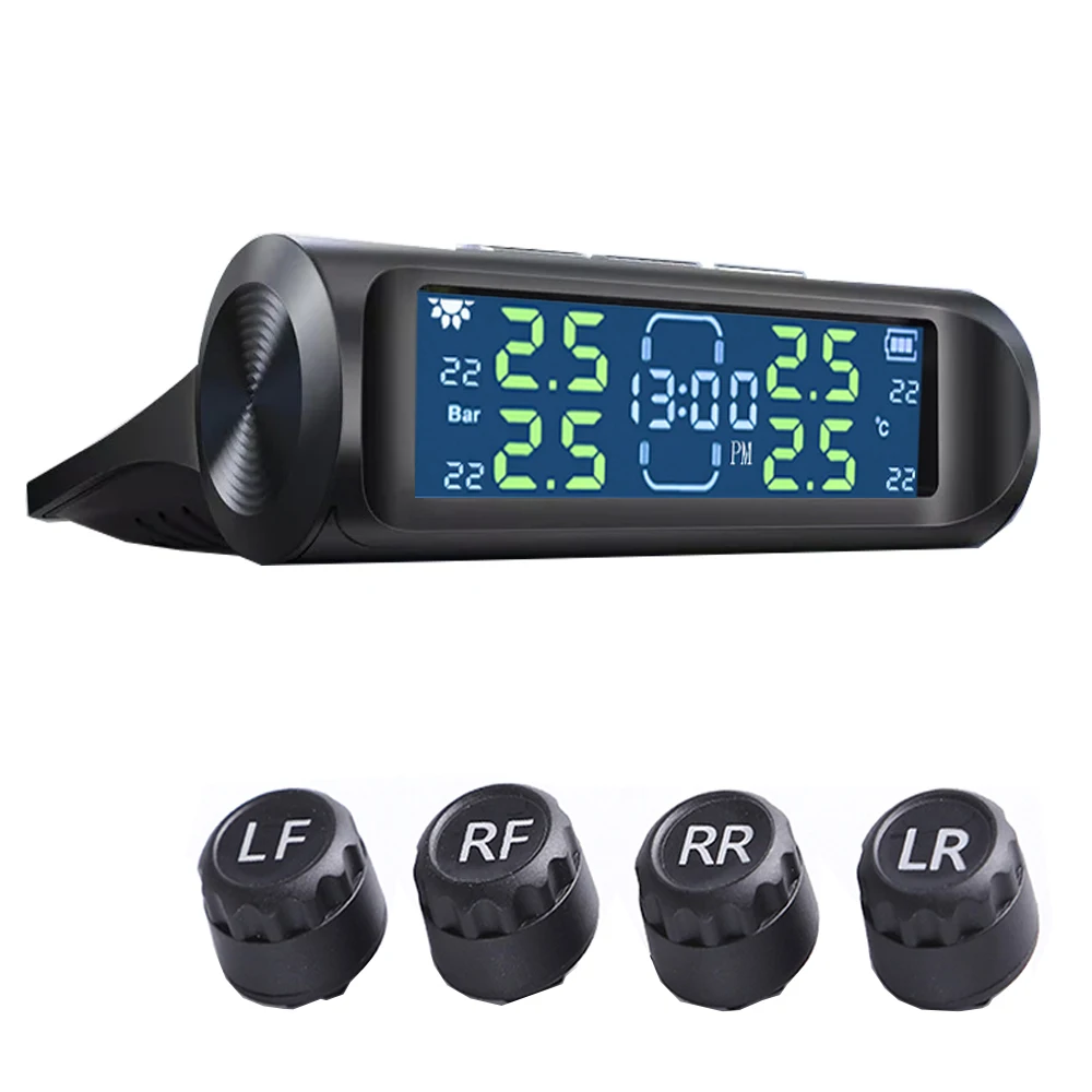 LCD TPMS Solar Sensor Intelligence Display Car Tire Pressure Monitoring System With 4 External Sensors TMPS Alarm
