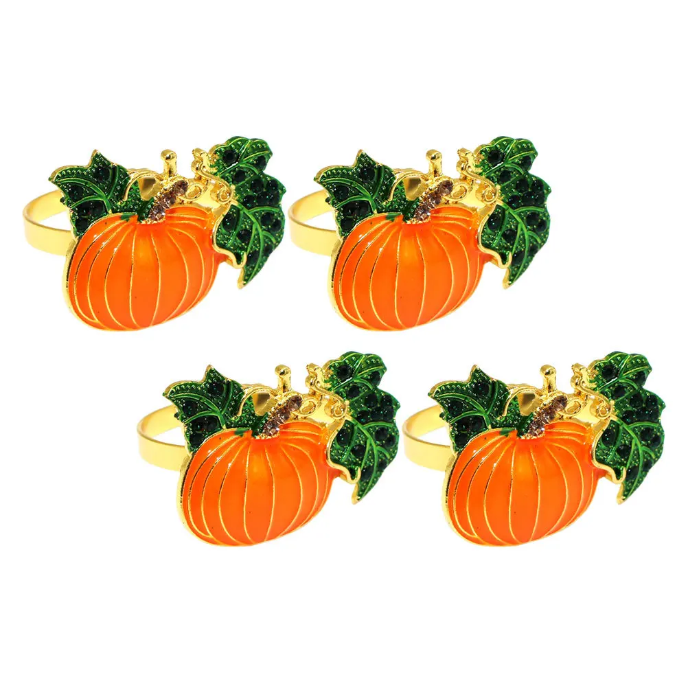 

4Pcs Fall Napkin Rings Pumpkin Design Alloy Buckles Rhinestone Thanksgiving Halloween Party Holders Pumpkin Napkin Rings