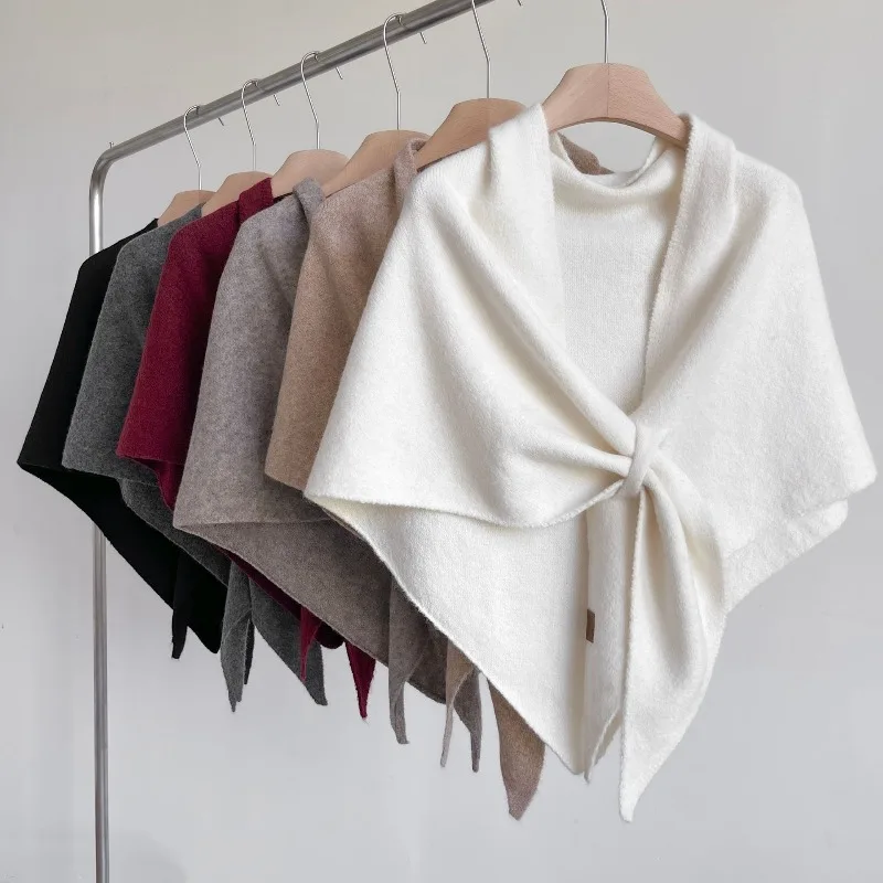 

High-end triangular shawl cape women's soft waxy knitted outer cape warm solid color scarf shawl