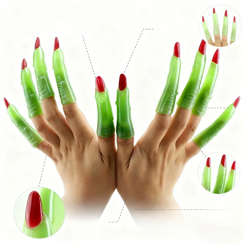 อุปกรณ์ประกอบนิ้วแม่มดเรืองแสงในที่มืดพร้อมการตกแต่งเล็บสีแดง อุปกรณ์เสริมชุดฮาโลวีนสุดหลอน