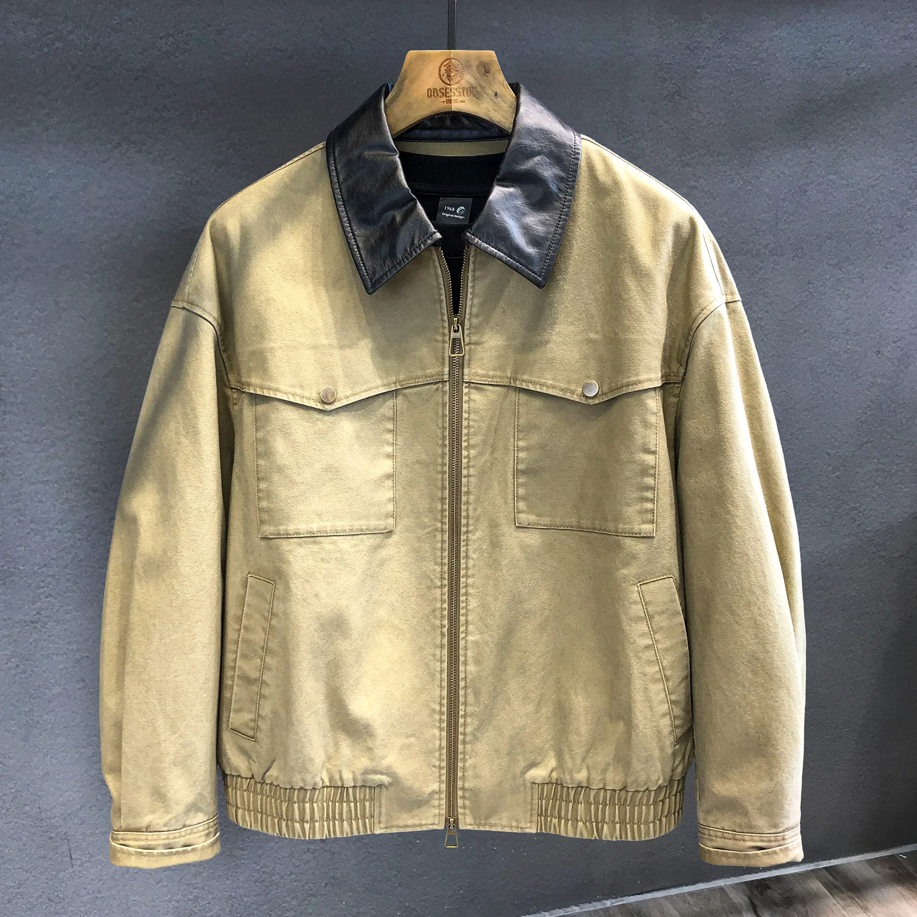 

Detroit High-Density Heavyweight 100% Cotton Washed Leather-Trim Lapel Jacket for Men American Style Flight Jacket for Autumn