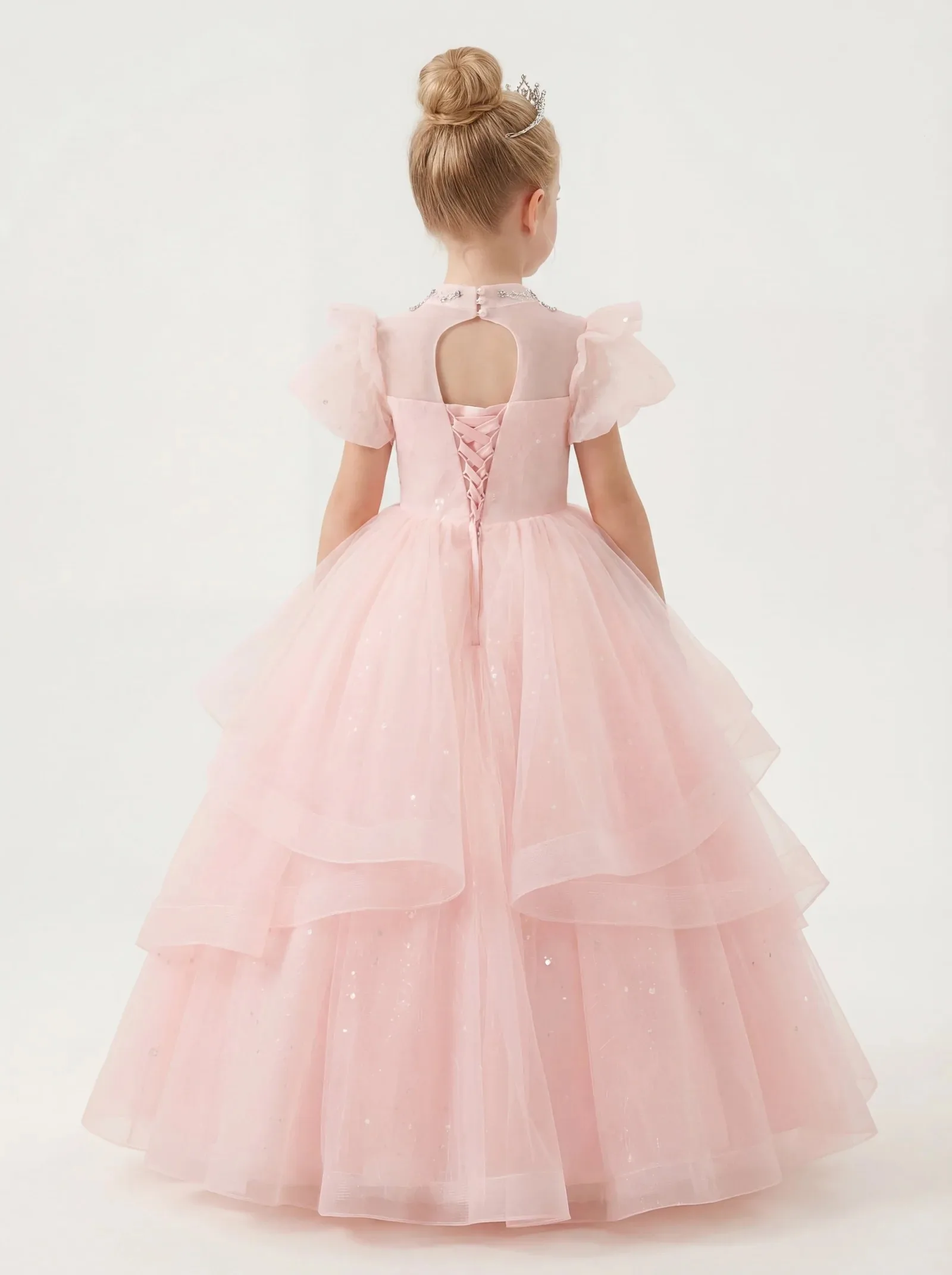 Wedding Flower Girl Dress Nude Pink Tulle High Neck Rhinestone Tail Multi-layer Fluffy Princess Dress Little Girl Bridesmaid