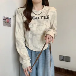 Autumn and Winter Women's Style Tie Dye O-Neck Long Sleeve Slim Pullovers Chain Printed Letter Fashion Vintage Commute Tops