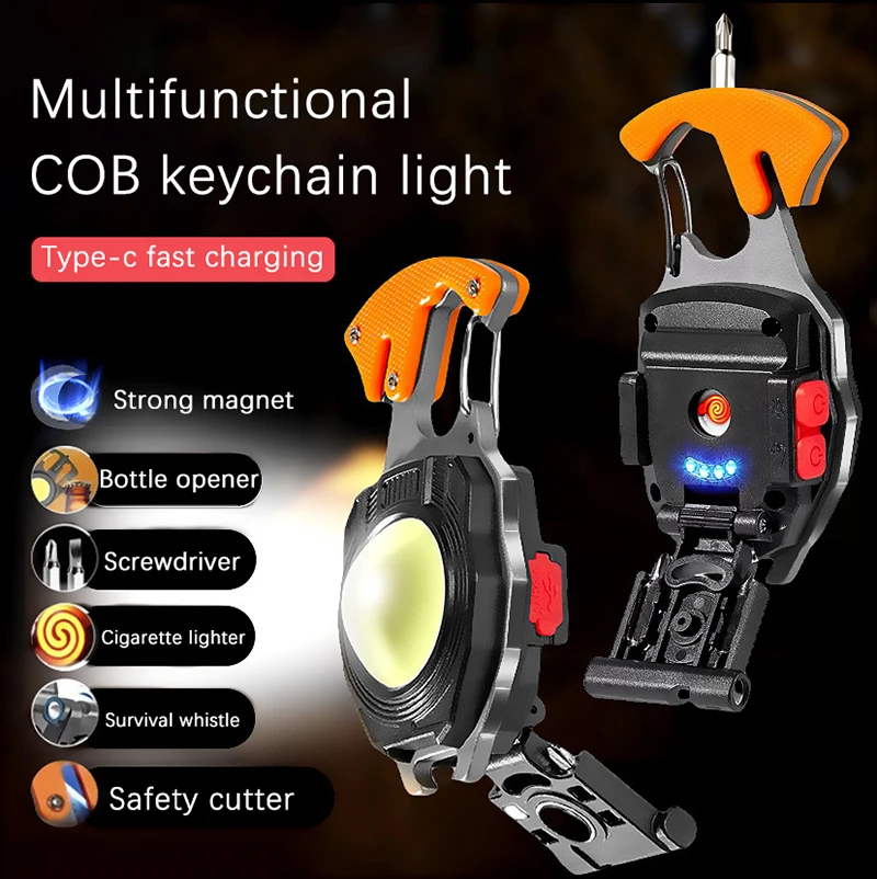 LED Flashlight Portable Multifunctional Mini Keychain Lamp USB Rechargeable Work Light Strong Torch Camping Outdoor Lantern