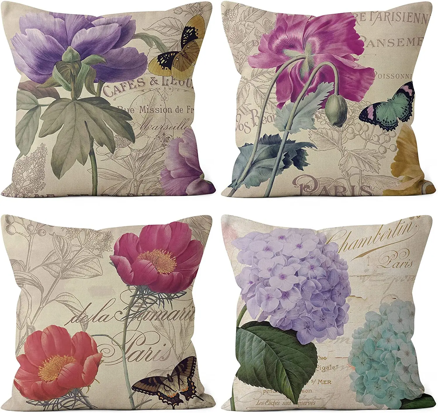 Vintage Purple Flower Linen Cushion Cover for Car Living Room Sofa Bedroom Home Decor, 40x40 45x45 50x50 60x60 Pillowcase