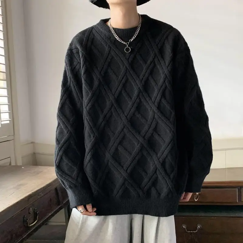 Retro Diamant Plaid Pullover Herren Winter Japanischen Lose Faul Stil Pullover Rundhals Innen Basis Shirt