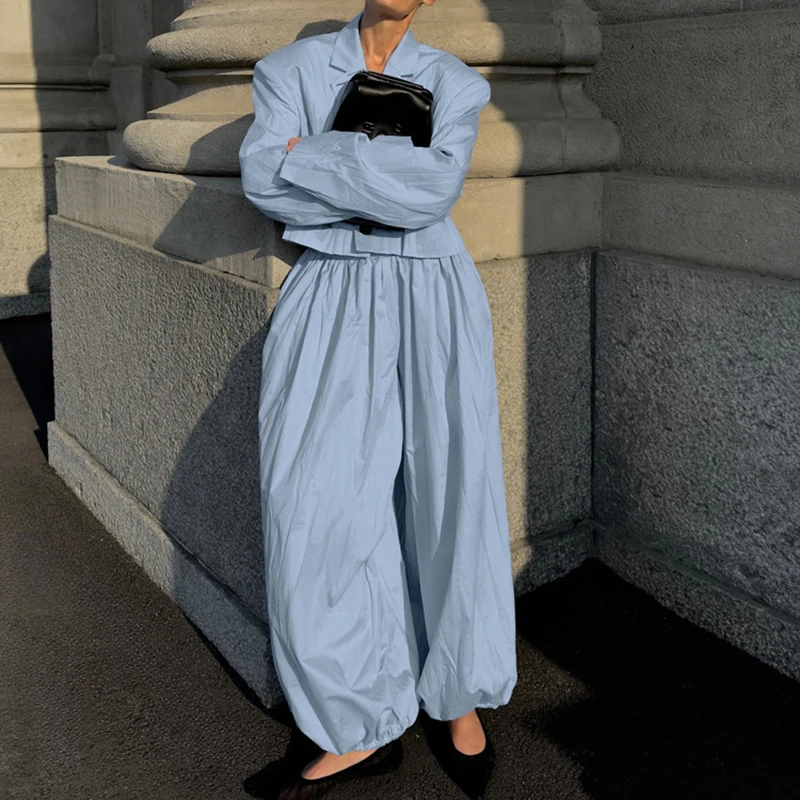 

Spring Lapel Long Sleeved Top & Wide Leg Pants Outfit Fashion High Street Loose Women's Set Casual Solid Color Commuting Suits