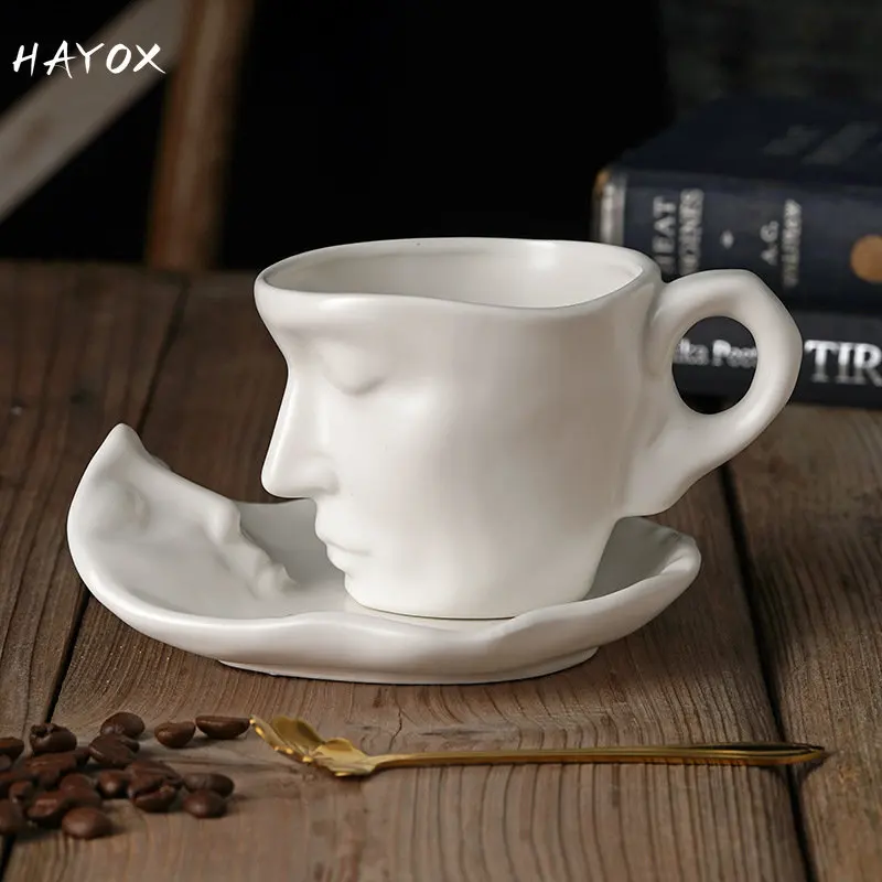 NEW Thingking Cup Mug Creative Coffee Cup and Saucer Set Ceramic Face Model Coffee Mug Kitchen Bar Supplies Coffeeware Set 2023