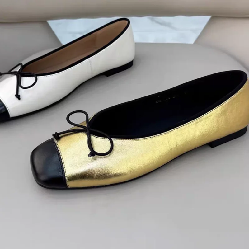 Butterfly-knot Shoes for Ladies Square Toes Flat Heels Mixed Colors Female Ballets Shallow Zapatos Mujer Sewing Lines Chassure