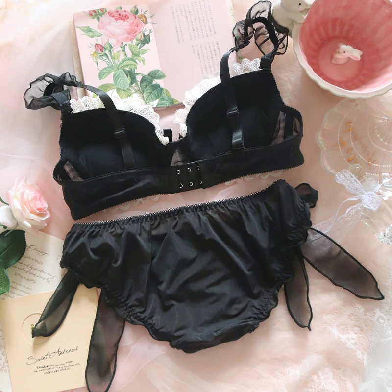 Black Plaid Plus Size Lolita Japanese Underwear Girl Sexy Cute Underwire Bra Set