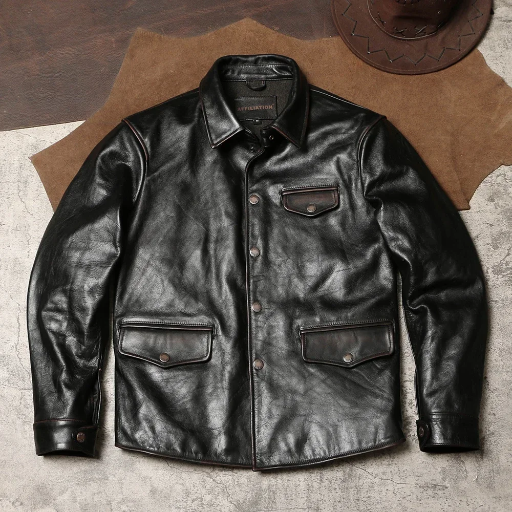 Tailor Brando American Vintage Switchman Men's Lapel Handaged Tea Core Cowhide Genuine Leather Work Jacket
