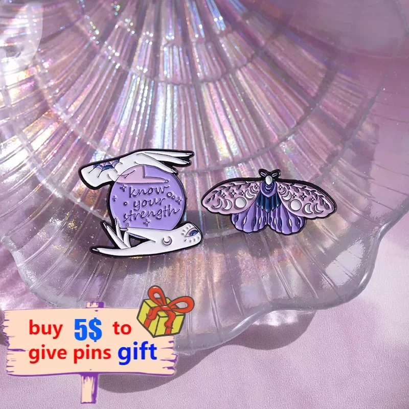 Purple Magic Tarot Enamel Pins Butterfly Brooches Lapel Badges Funny Crystal Moon Punk Jewelry Gift for Kids Friends Wholesale