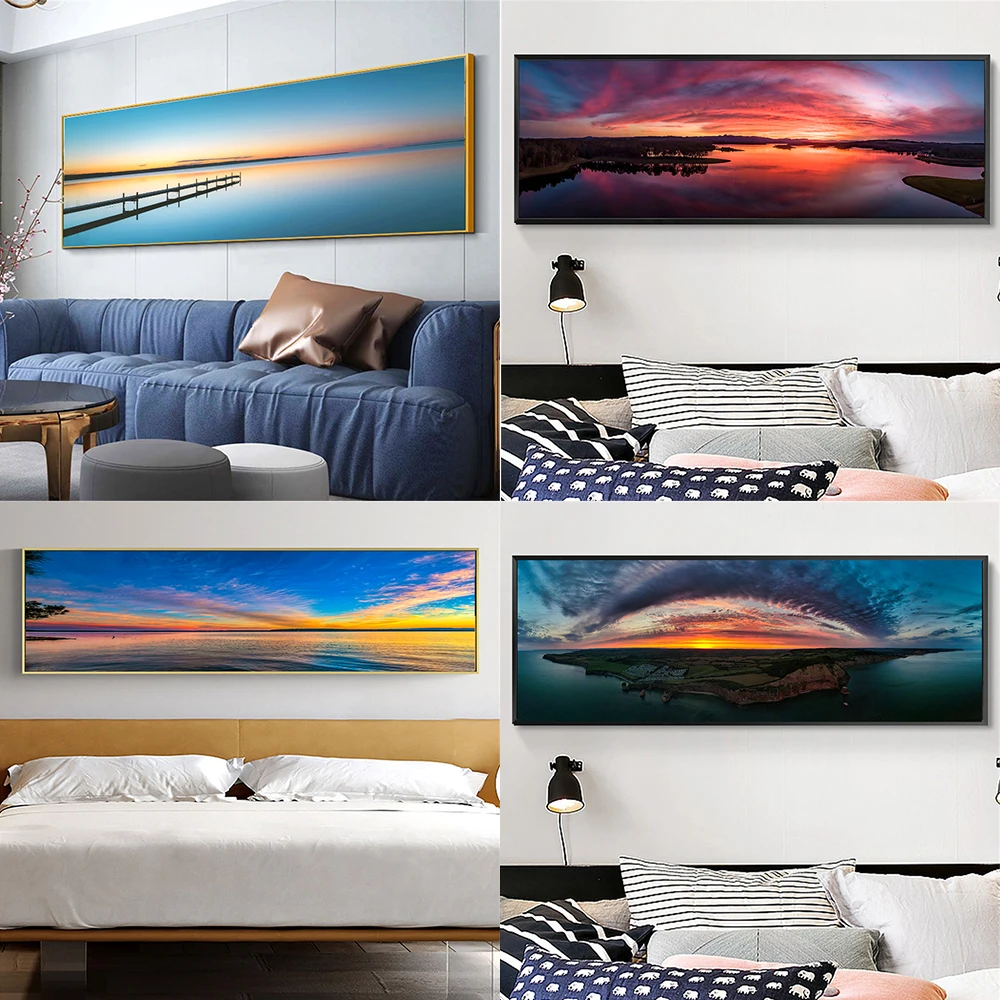 Sunset Sea Large Panoramic Landscape Wall Art Poster Boat On Lake Near Mountain Print Austria Blue Lake Canvas Painting Decor