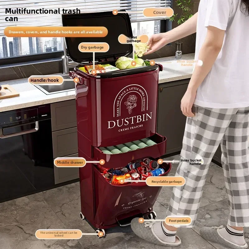 Kitchen trash can household  capacity food waste special dry and wet separation classification high style no bending