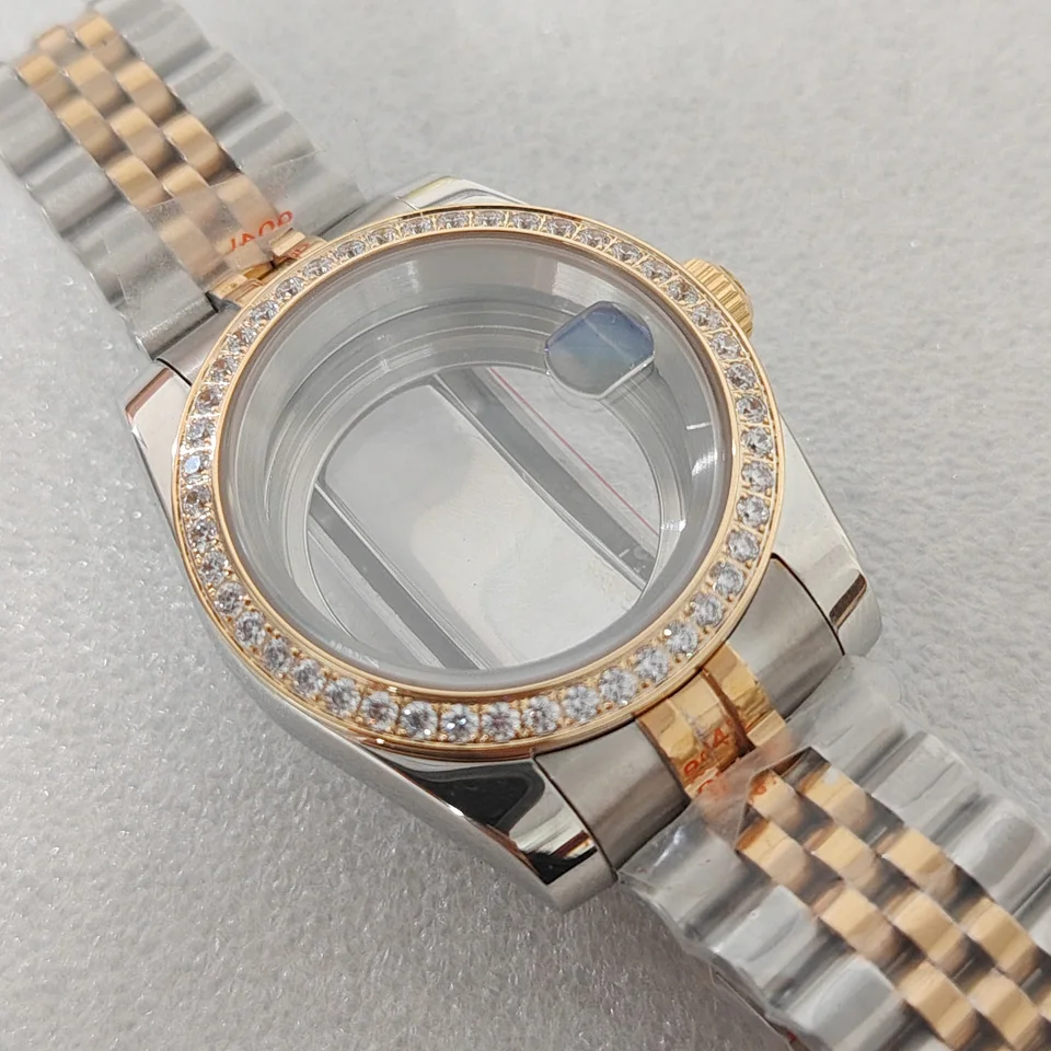 Корпус часов Oyster 36 мм/39 мм с бриллиантами + пять бусин, средний золотой ремешок для часов, сапфировое стекло для механизма NH35, 3 атм