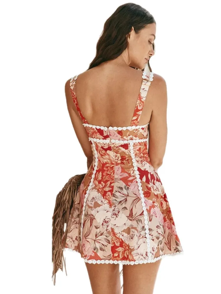 Women Spaghetti Strap Bohemian Beach Style Mini Dress 2026 Spring Summer Trend Backless Waistband Hem Vacation Party Dresses view 5