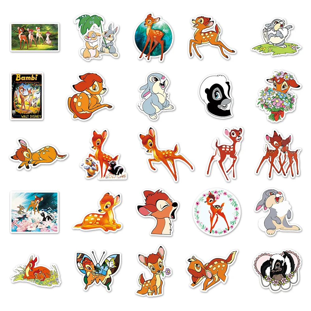 Autocollants de dessin animé classique Disney Bambi, décalcomanies graffiti en PVC, autocollant de cerf mignon, coque de téléphone bricolage, bouteille d'eau, ordinateur portable, 10 pièces, 30 pièces, 50 pièces