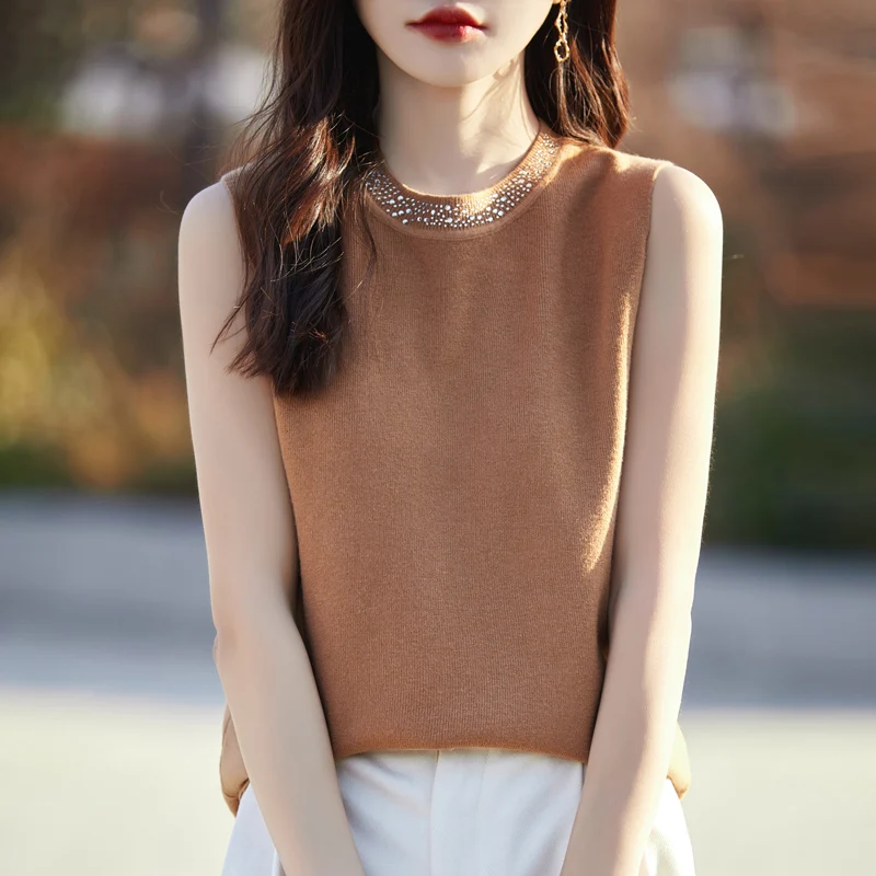 Women's Tank Round Neck Knitted Camisole Worsted Wool Sweater 2024 Spring/Summer New Commuting Loose And Slimming Sleeveless Top