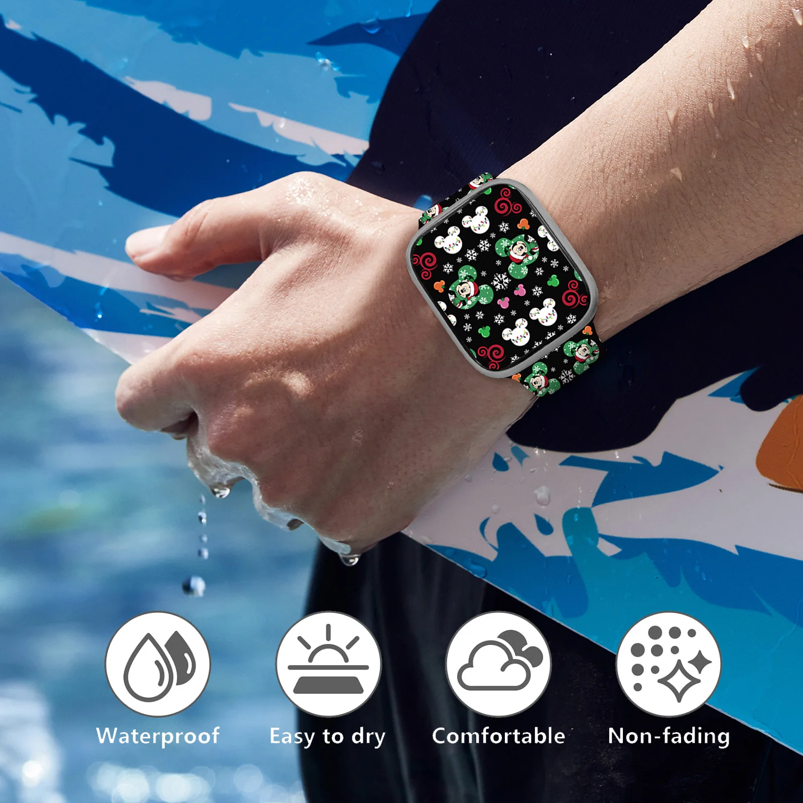 ディズニー-Apple Watch用のミッキープリントストラップ,シリコンバンド,iwatch用の交換可能なブレスレット,10, 9, 8, 7, 6, 46mm, 45mm, 42mm, 41mm