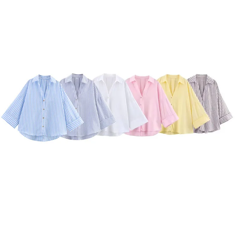 

2025 Spring/summer New Fashion Women's Casual Versatile Turn-down Collar Striped Wide Sleeve блузки Shirt Top Ropa Mujer