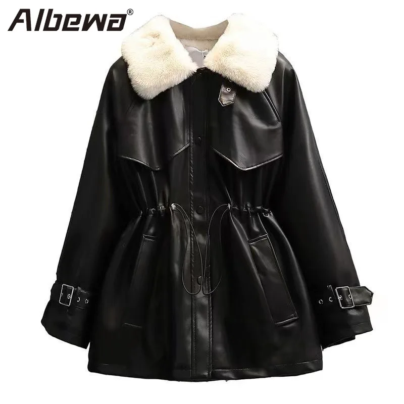 Winter Women\'s Faux Leather Jackets Warm Padded Faux Fur Collar Button Moto Biker Jacket Coat Vintage Casual Coats Outerwear