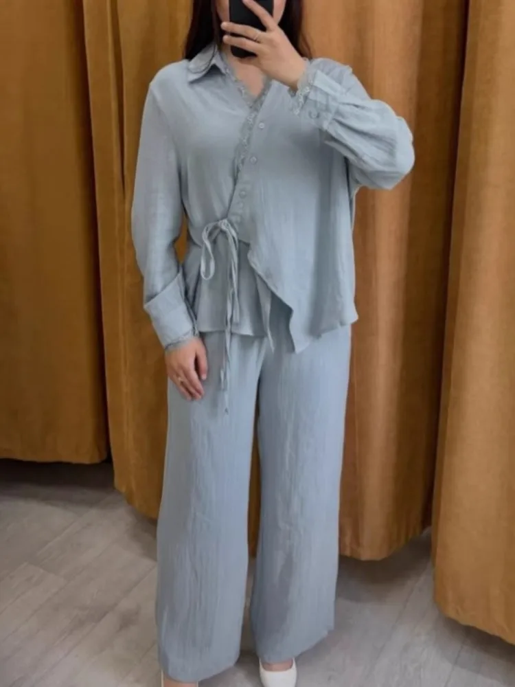

Casual Solid Loose 2 Piece Sets For Women Fashion Long Sleeve V Neck Button Lace-up Tops+Wide Leg Pants Sets Outfits Lady New