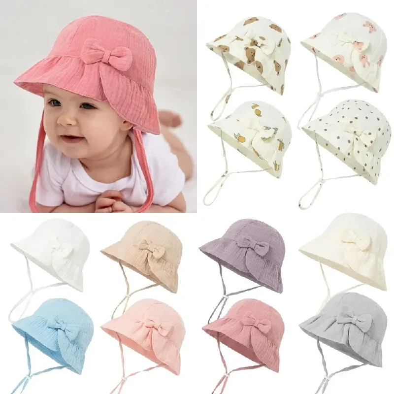 1 Piece/Lot New Baby Cotton Solid Color Bowknot Bucket Hat Children Sunscreen Outdoor Caps Boy Girl Panama Hat Unisex Beach Fish