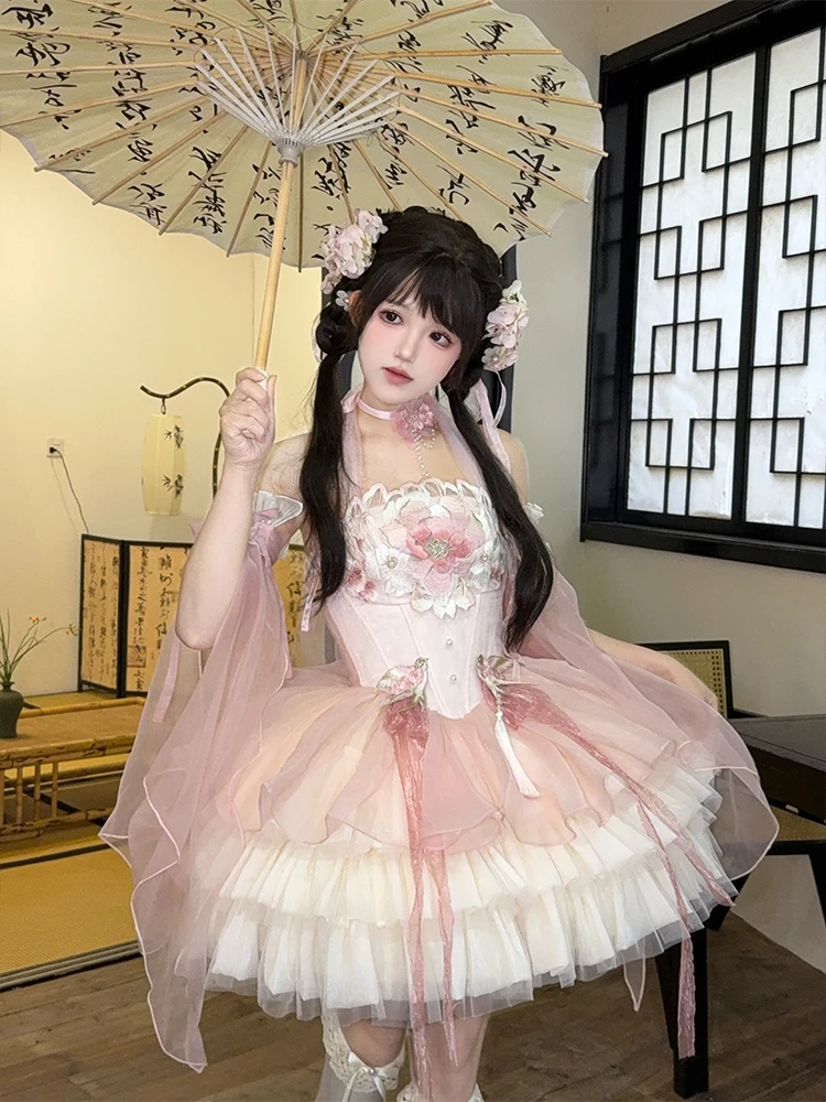 バレエスタイルドレス甘いプリンセスドレス女性中国風の花刺繍ネックチューブトップ魚の骨スリムメッシュドレス