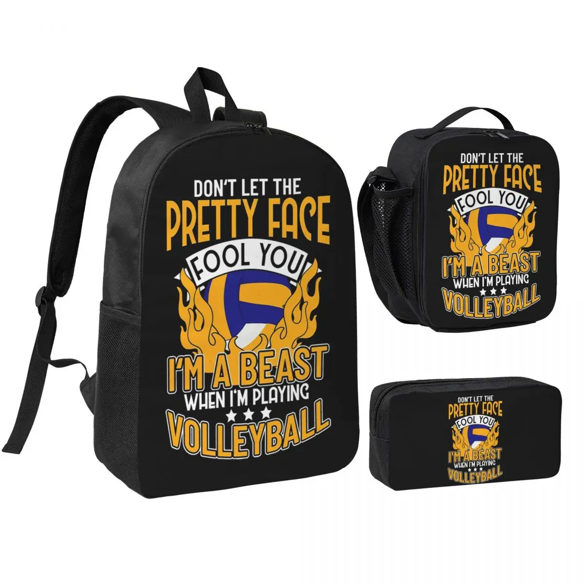 I'm A Beast When I'm Playing Volleyball Backpack Student BookBag School Bag Shoulder Bags 3ps Insulated Lunch Bag Pencil Case