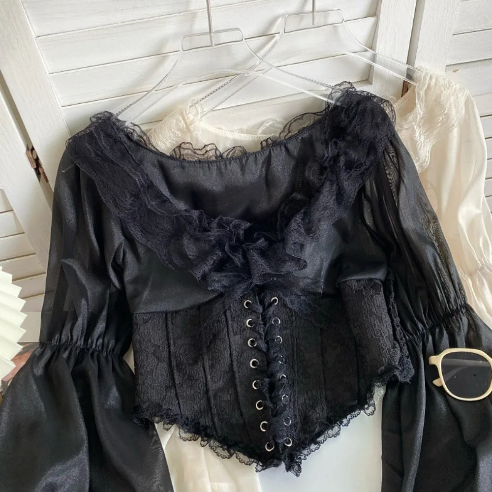 

Retro Mesh Ruffled Lace Chiffon Tops Lace Puff Long Sleeve Chiffon Blouse V Neck Embroidery Lace-up Shirts Vacation