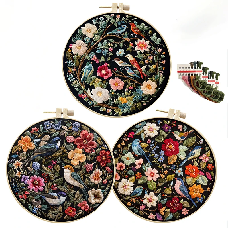 

Hand DIY Embroidery Kits with Hoop for Beginners Flower and Bird Pattern Cross Stitch Fabric Needle and Thread Kit Home Decor