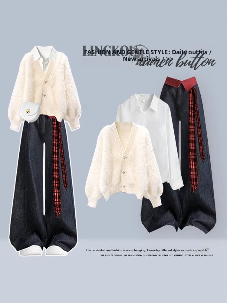 

Women's Autumn Winter Knitted Cardigan Set Gentle Style Inner Match Vintage Jeans High Waist Loose Fit Fashionable Three-Piec...