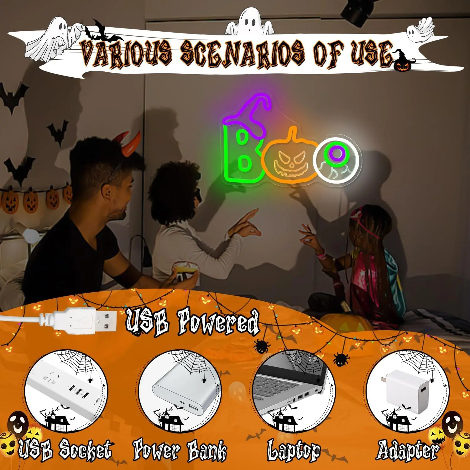 مصباح LED من Spooky Halloween Neon Sign Boo لديكور الحائط أو النافذة أو غرفة النوم - فن اليقطين المتوهج والهدايا للحفلات أو المنزل أو البار