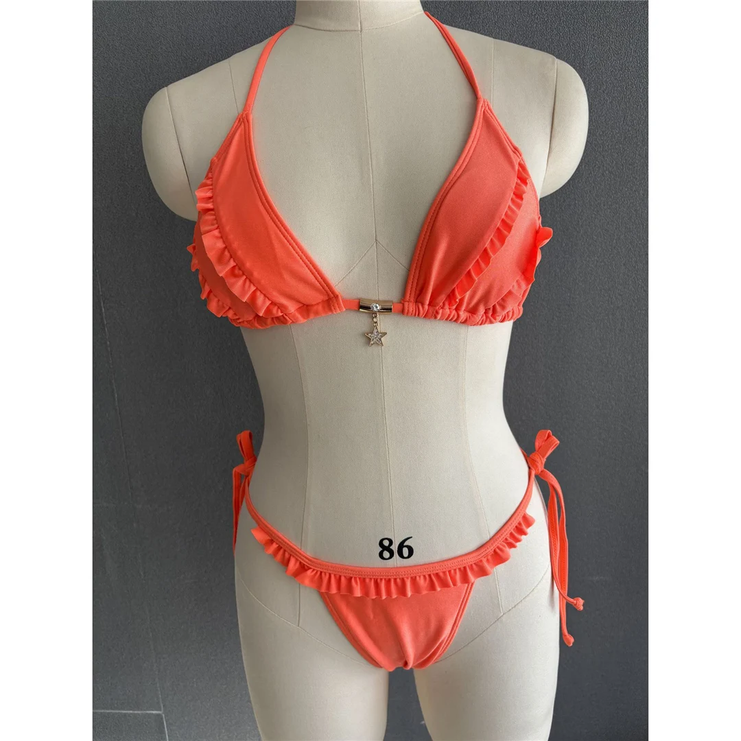 S - XL Neckholder-Bikini mit Rüschen und Raffungen, zweiteiliger Bikini-Set für Damen, Badeanzug, Badebekleidung, Badehose, Modell V6143 – Detail 14