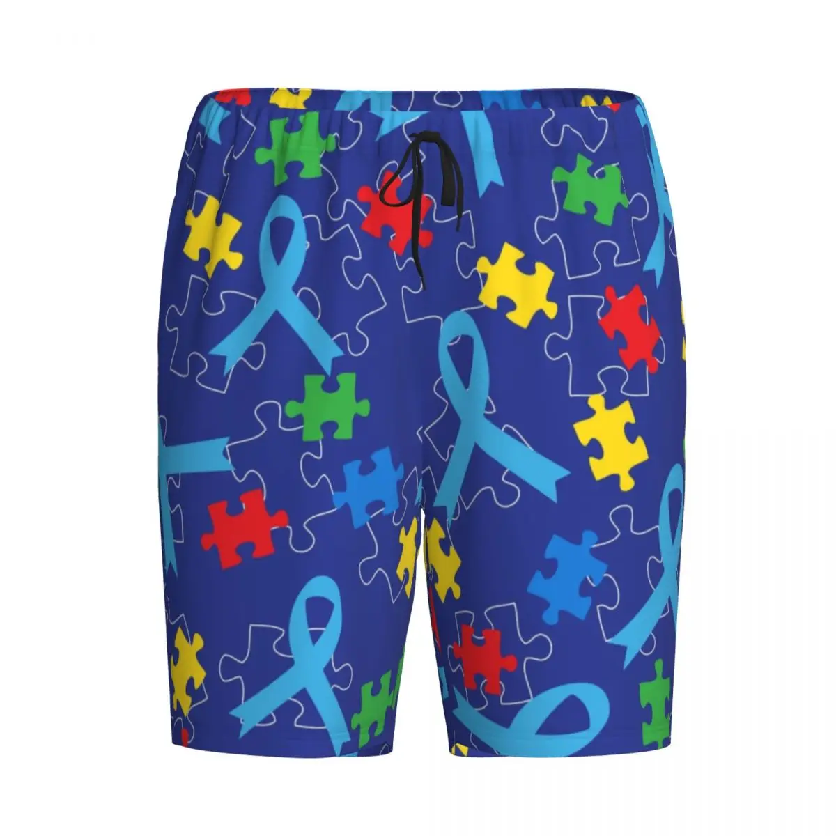Custom Print Men's Autism Puzzle Piece Ribbon Pattern Pajama Bottoms Sleepwear Pjs Sleep Shorts with Pockets