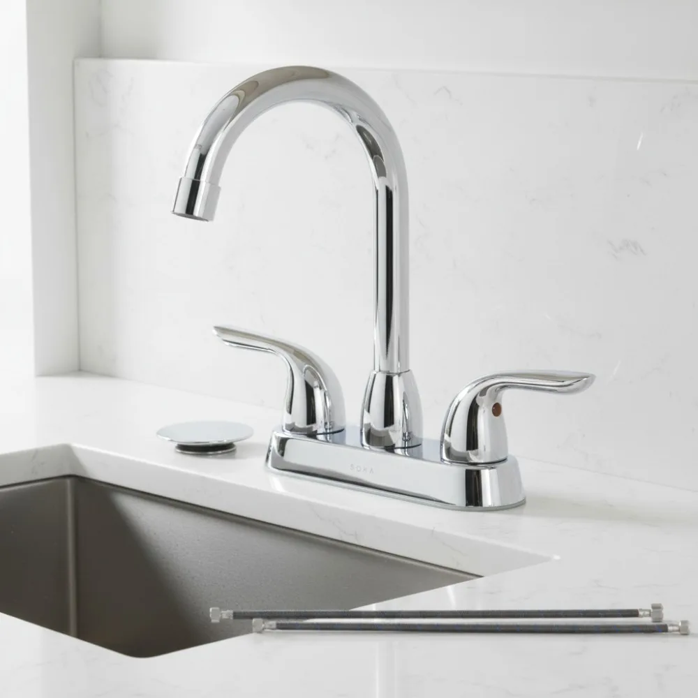 

High Arc Bathroom Sink Faucet Chrome Finish 3-Hole Centerset with Pop-Up Drain Assembly