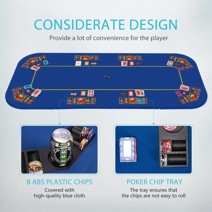 Tappetino da gioco da tavolo in gomma antiscivolo portatile pieghevole da 79 x 36 pollici per 8 giocatori Texas Poker Card con portabicchieri e Carr