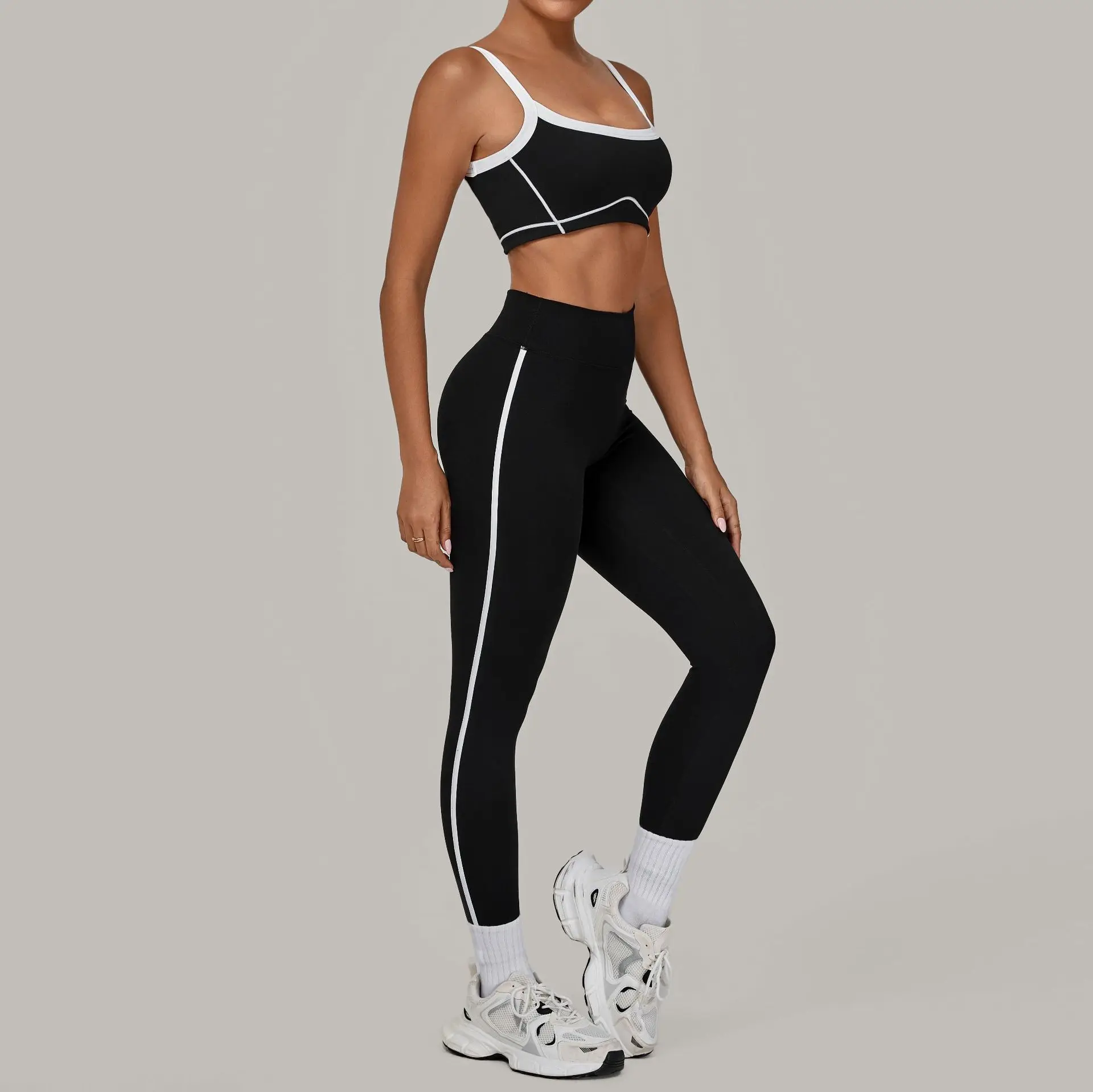 Yoga Suit Sports Fitness High Waist Tight Thin Contrasting Color Splicing Outdoor Running Breathable Pant Sports Bra 2-piece Set