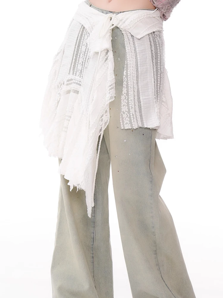 

American Sle Spicy Girl Lace f Skirt Women's New 2024 White Asymmetrical Hem Belted Apron A-Line ort Skirt