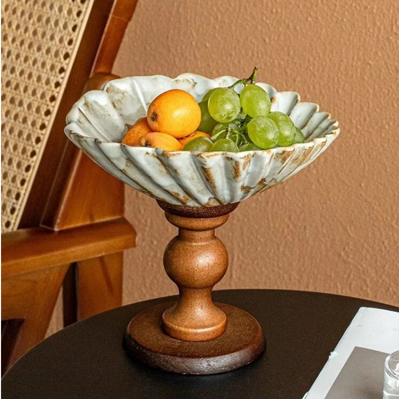 

Creative Ceramic Artistic Fruit Plate Vintage Art Tea Dish High Footed Flower Snack Tray Dessert Table Wabi Sabi Style Ornament